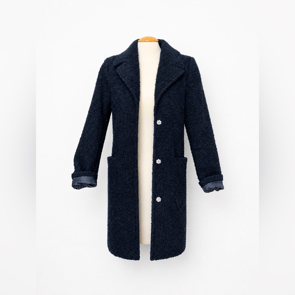 VERO MODA - Navy Bouclé Teddy Coat | Minimalist Scandinavian Textured Jacket